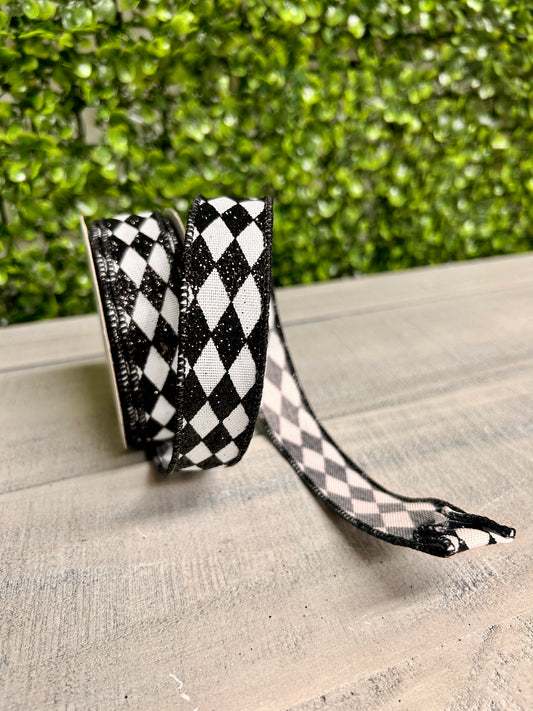7/8 Inch By 10 Yard Black And White Glitter Harlequin Ribbon