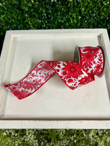 2.5 Inch By 10 Yard Red And White Chinoiserie Floral Ribbon