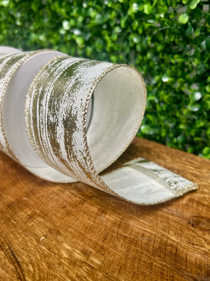 2.5 Inch By 10 Yard Gold And White Metallic Streak Ribbon