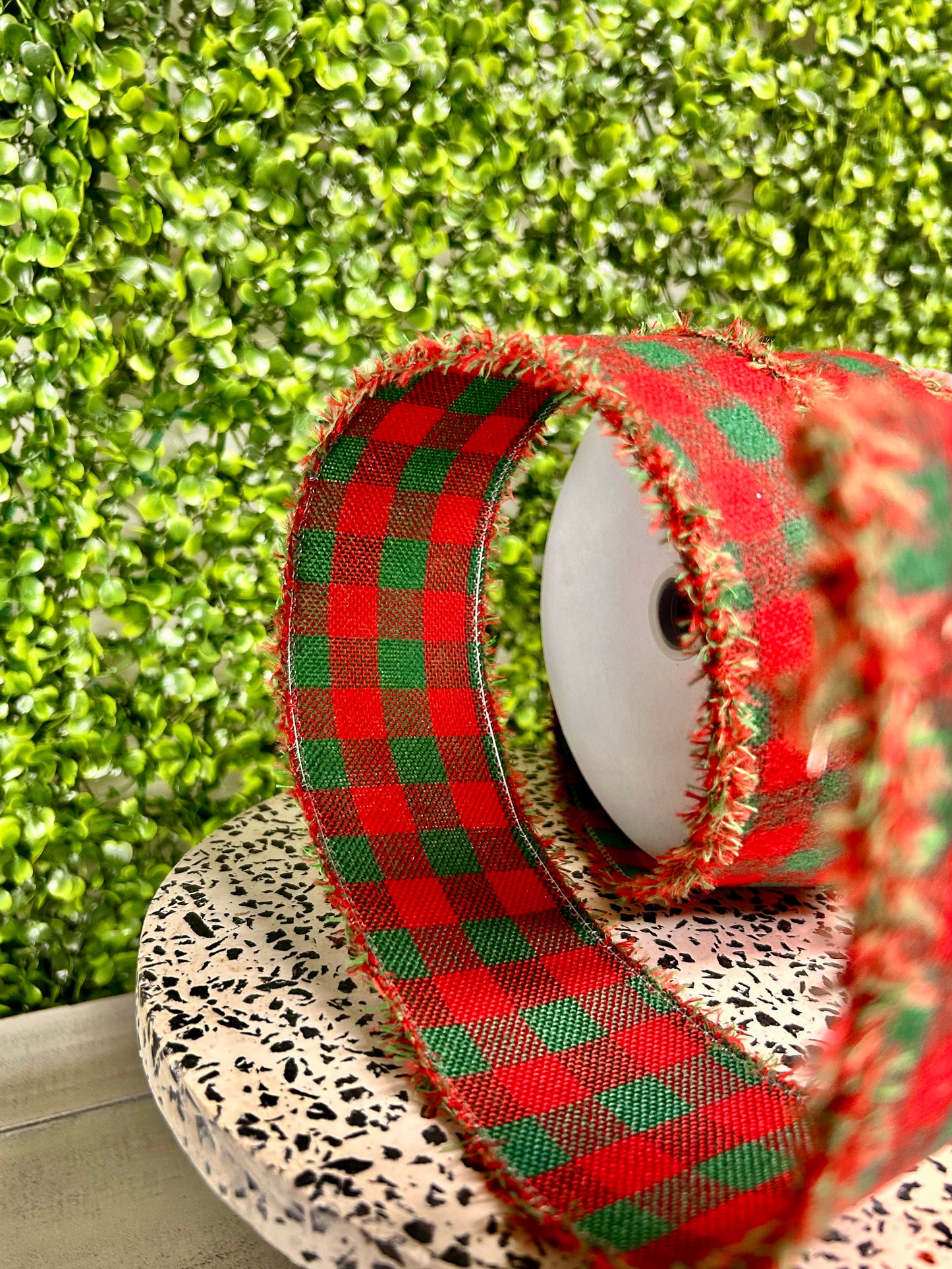2.5 Inch By 10 Yard Red And Green Fuzzy Flannel Check With Drift Edge Ribbon