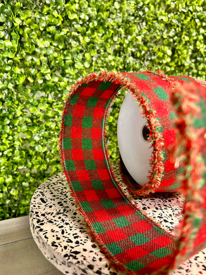 2.5 Inch By 10 Yard Red And Green Fuzzy Flannel Check With Drift Edge Ribbon