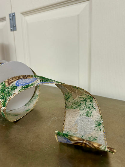 2.5 Inch By 10 Yard Gold Burnished Bells And Dusty Blue Ornaments On Natural Linen Ribbon