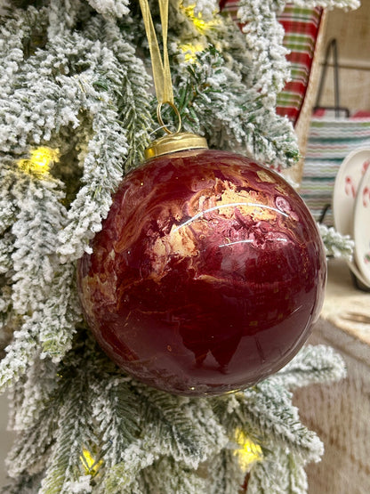 5 Inch Red Gold White Marble Glass Ball Ornament