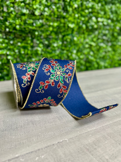 2.5 Inch By 10 Yard Navy Emerald And Red Ornate Loop Diamond Ribbon
