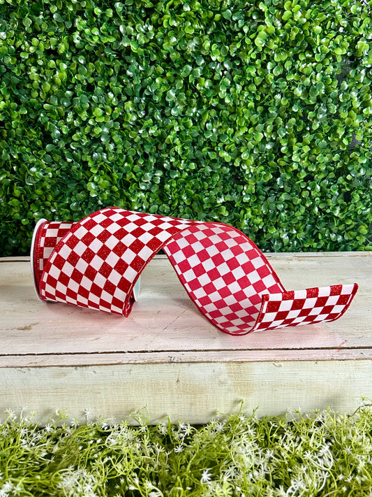 4 Inch By 10 Yard Red And White Glitter Check Ribbon
