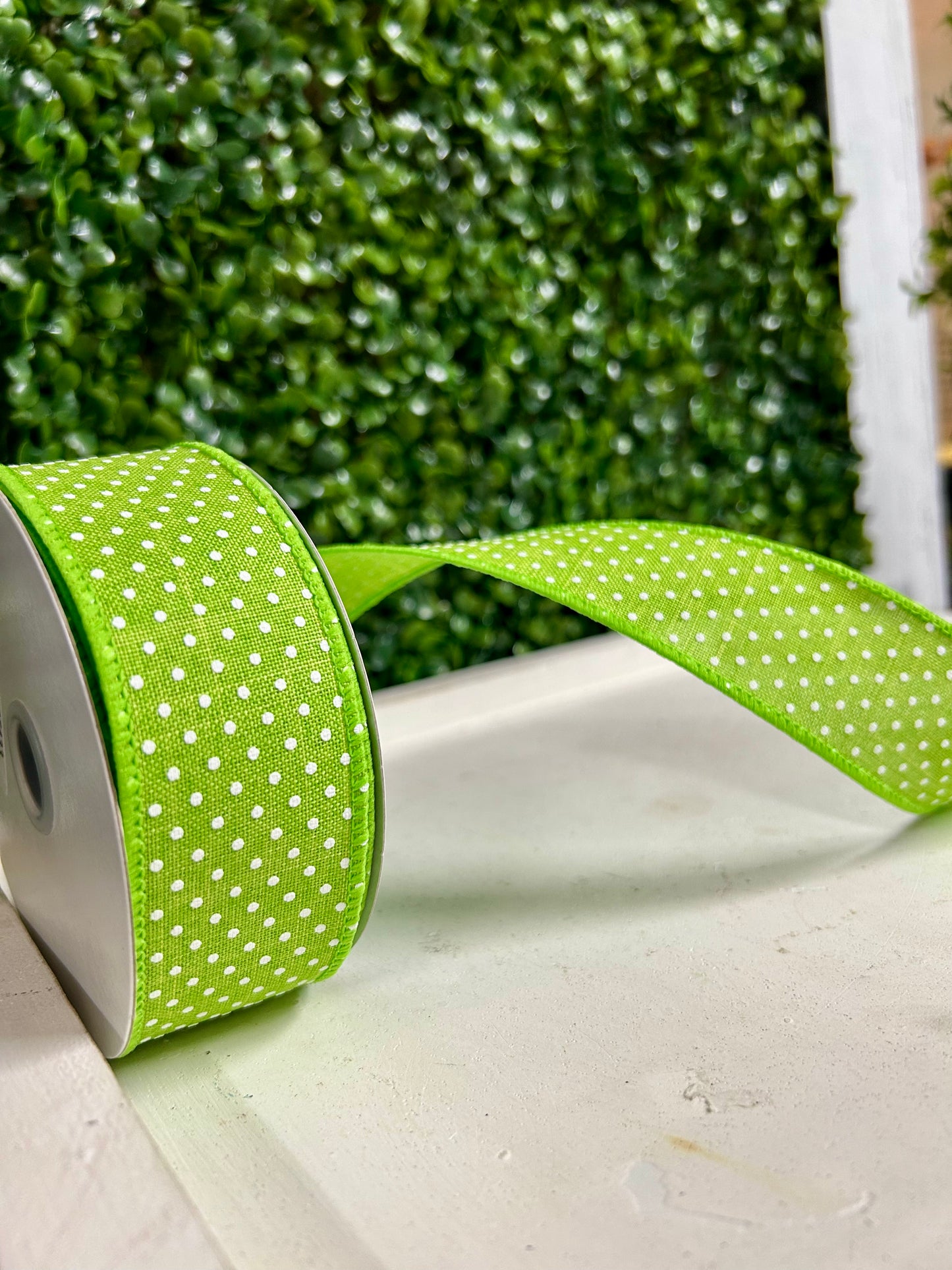 1.5 Inch By 10 Yard Lime Green And White Raised Swiss Dots One Royal Ribbon