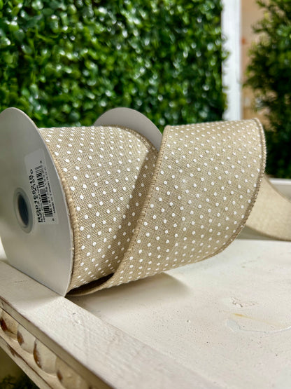 2.5 Inch By 10 Yard Natural And White Raised Swiss Dots On Royal Ribbon
