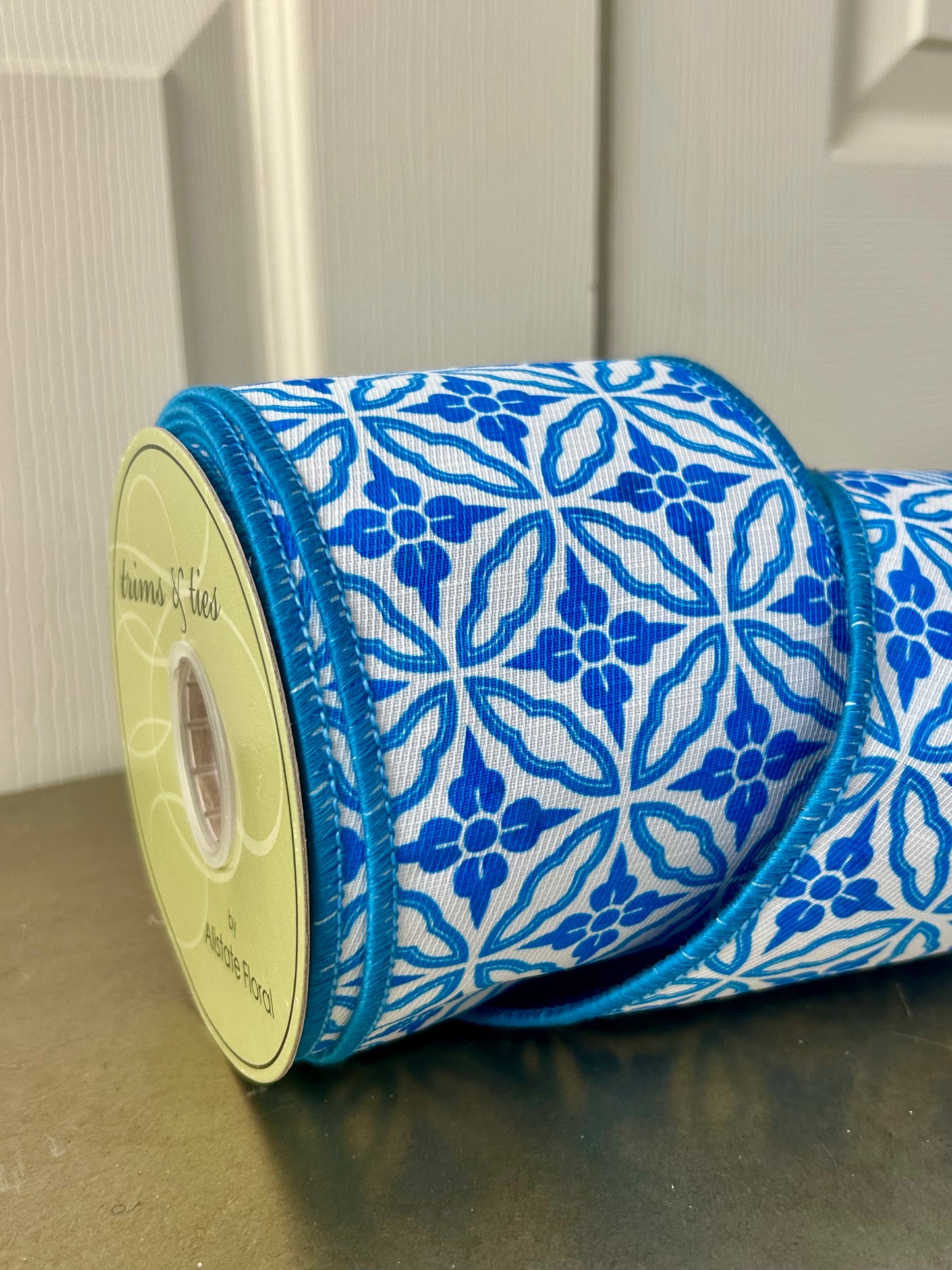 4 Inch By 10 Yard Blue And White Double Sided Geometric Dupioni Ribbon