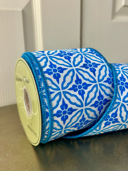 4 Inch By 10 Yard Blue And White Double Sided Geometric Dupioni Ribbon
