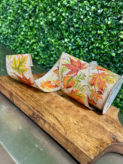 2.5 Inch By 10 Yard Glitter Fall Leaf Ribbon