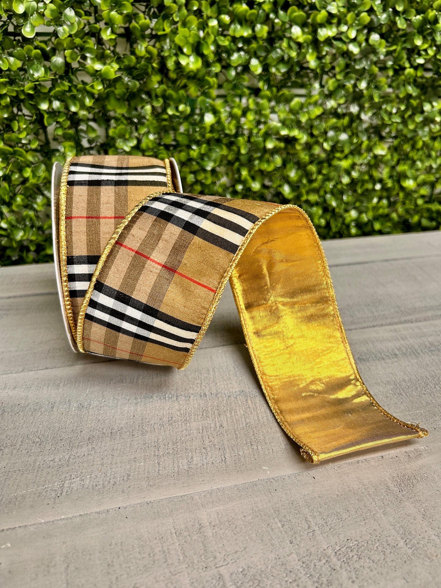 2.5 Inch By 10 Yard Black And Tan Plaid With Gold Back Ribbon