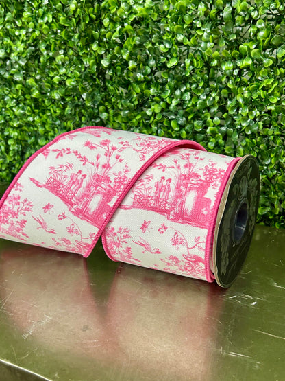 4 Inch By 5 Yard Pink And White Asian Vista Chinoiserie Wired Ribbon