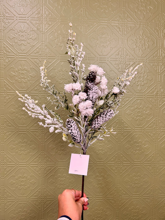 24 Inch White Pinecone Pom Pom Snow Spray