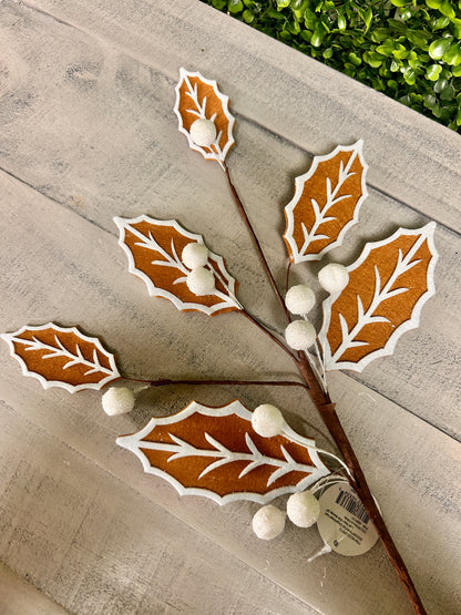 26 Inch Felt Gingerbread Iced Leaf And Berry Stem