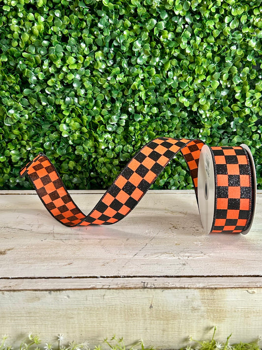 1.5 Inch By 10 Yard Dark Orange And Black Glitter Check Ribbon