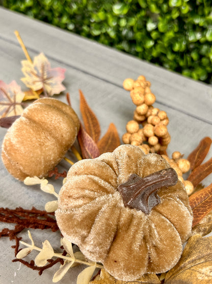 16 Inch Tan Velvet Pumpkin With Flocked Berry Fall Pick