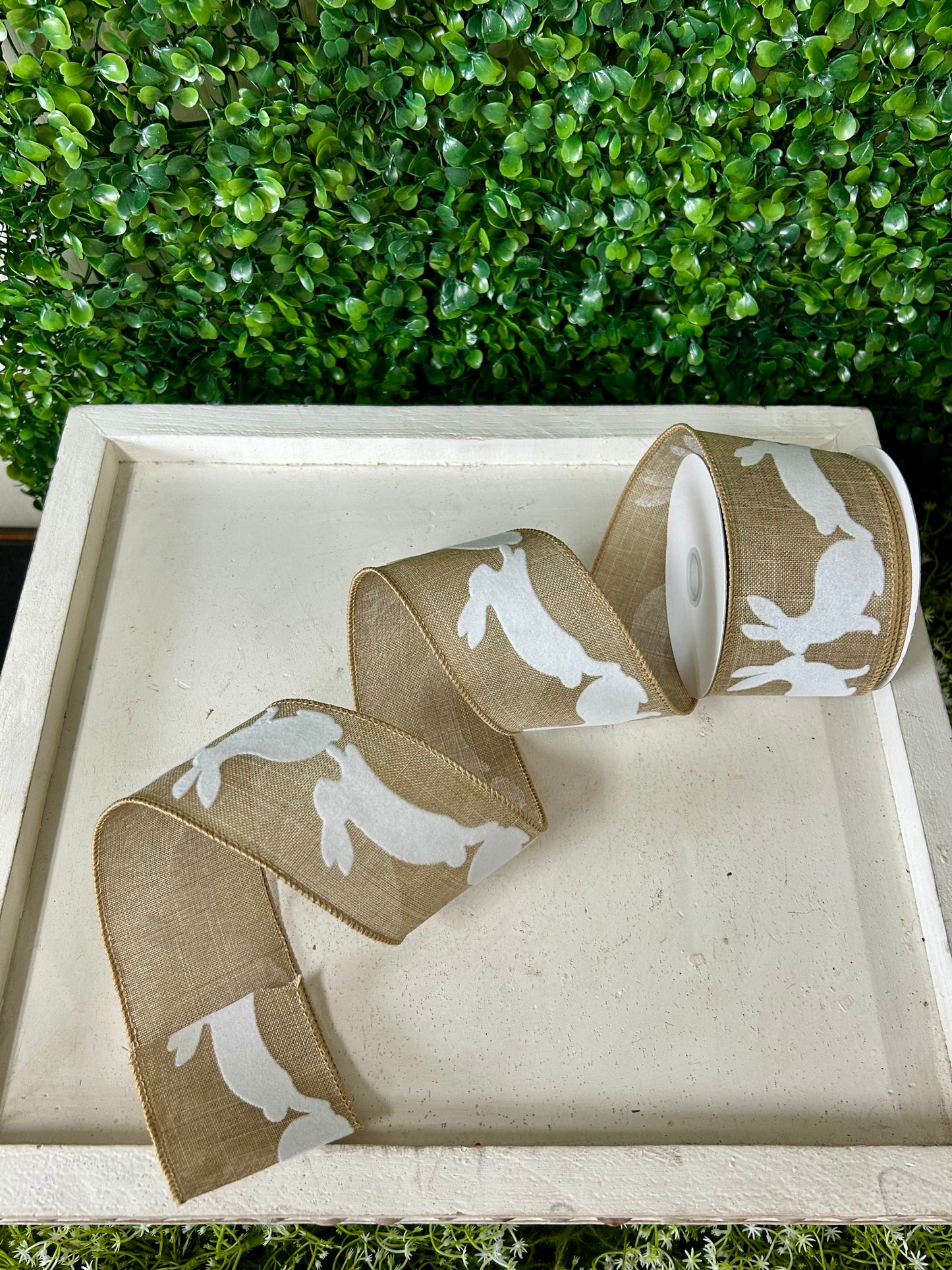 2.5 Inch By 10 Yard Natural Linen With Flocked White Bunnies Ribbon