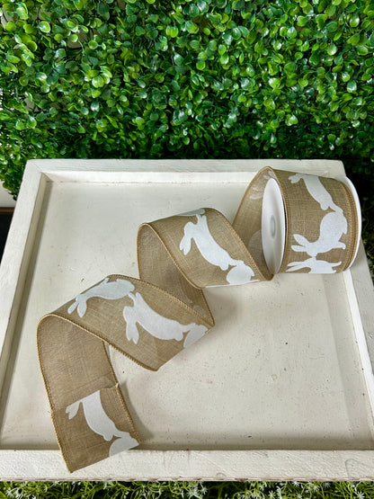 2.5 Inch By 10 Yard Natural Linen With Flocked White Bunnies Ribbon