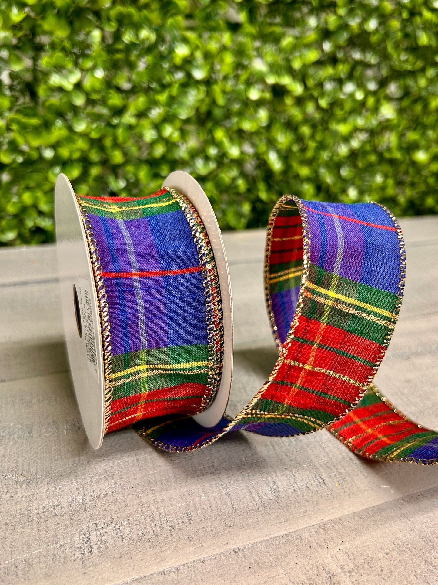 1.5 Inch By 10 Yard Royal Blue Green Red Yellow Dupioni Plaid Ribbon