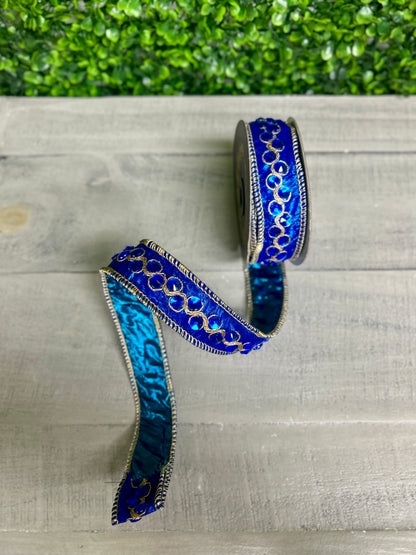 John Mark 1 Inch By 5 Yard Blue Jeweled Trim Metallic Dupioni Blue Ribbon