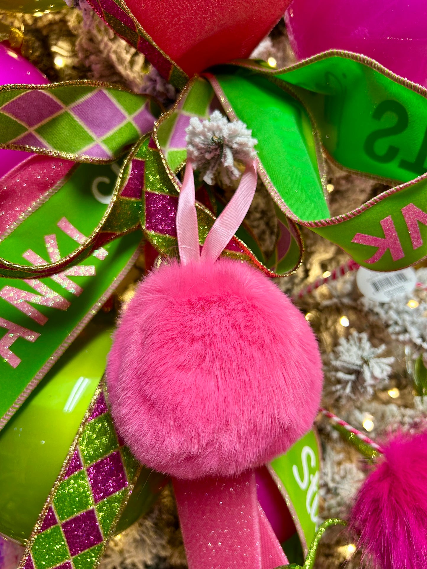 4 Inch Pink Furry Pom Pom Ornament