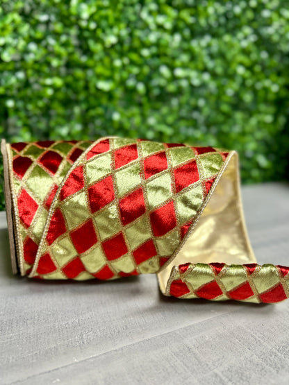 4 Inch By 5 Yard Green Red Gold Glitter Diamond Velvet Ribbon