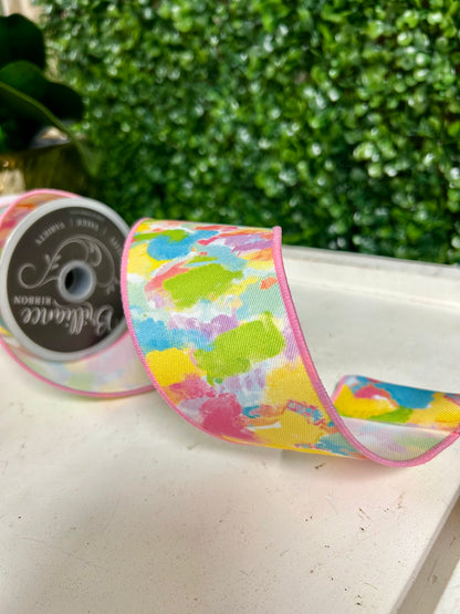 2.5 Inch By 10 Yard Ivory Yellow Pink And Blue Abstract Paint Ribbon