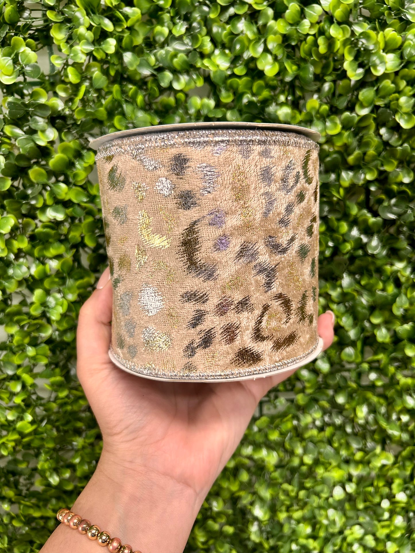 4 Inch By 10 Yard Light Brown Silver And Gold Velvet Metallic Animal Spots Ribbon