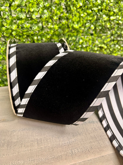 4 Inch By 5 Yard Black Velvet With White Black Cabana Stripe Ribbon