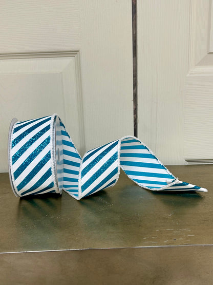 2.5 Inch By 10 Yard Teal Glitter And White Diagonal Stripe With White Fuzzy Edging Ribbon
