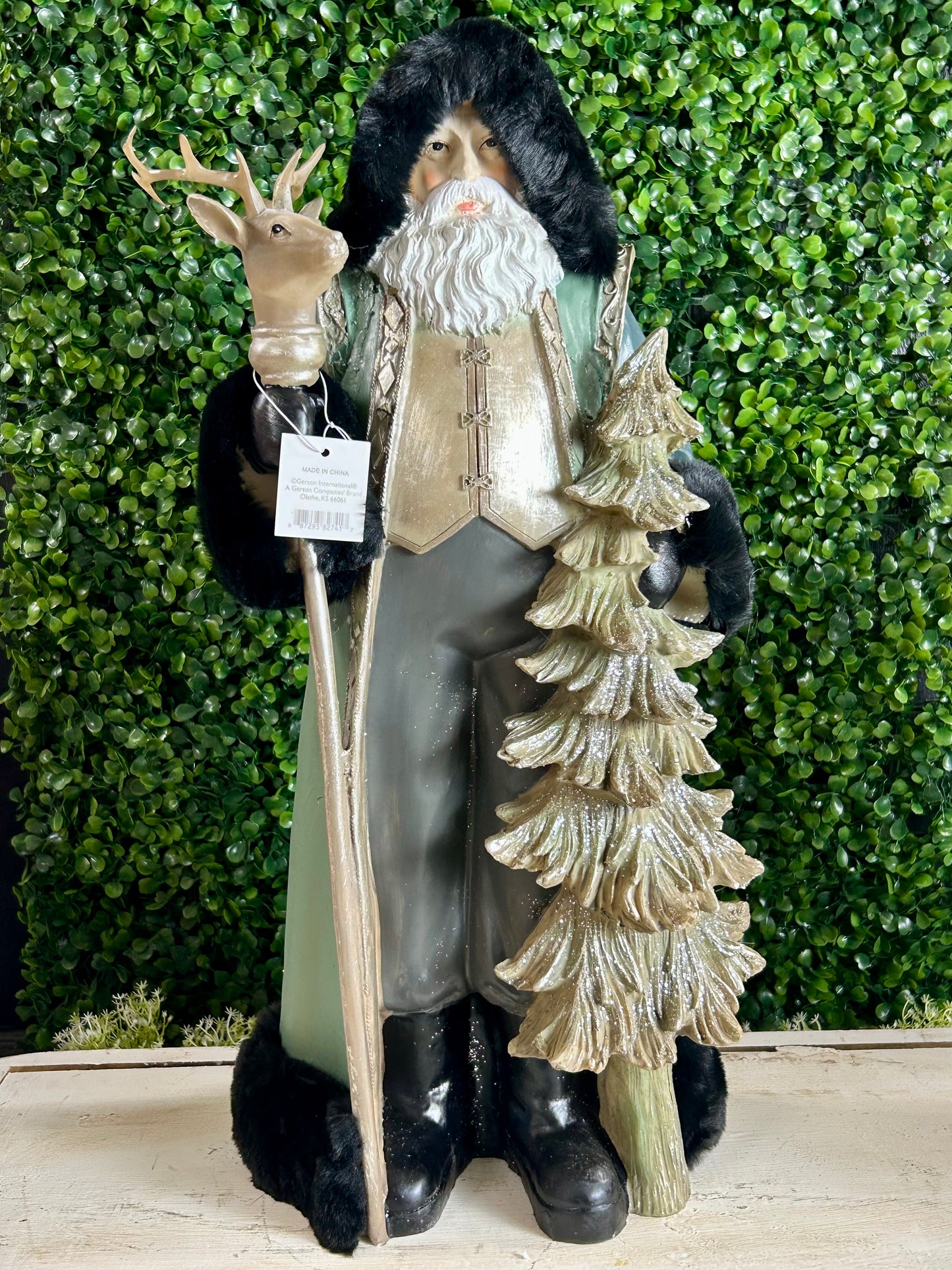 19.7 Inch Resin Santa With Reindeer Staff