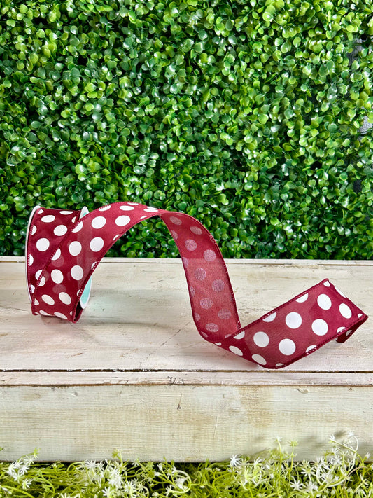 1.5 Inch By 10 Yards Maroon And White Polka Dots Ribbon