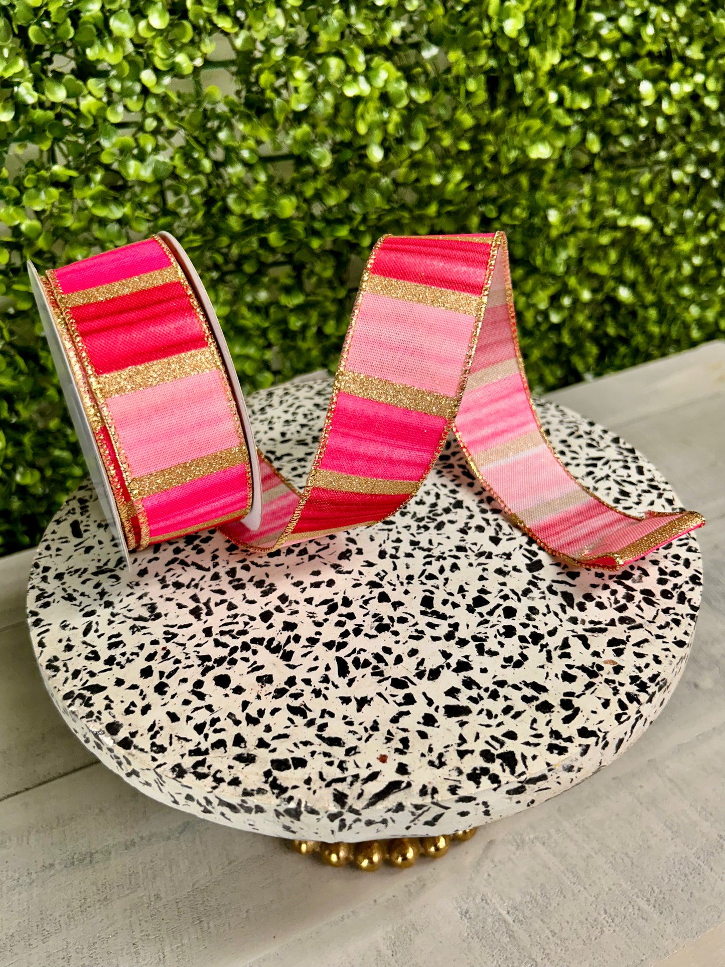 1.5 Inch By 10 Yard Pink Fuchsia Maroon And Gold Watercolor Stripes Ribbon