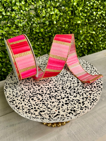 1.5 Inch By 10 Yard Pink Fuchsia Maroon And Gold Watercolor Stripes Ribbon