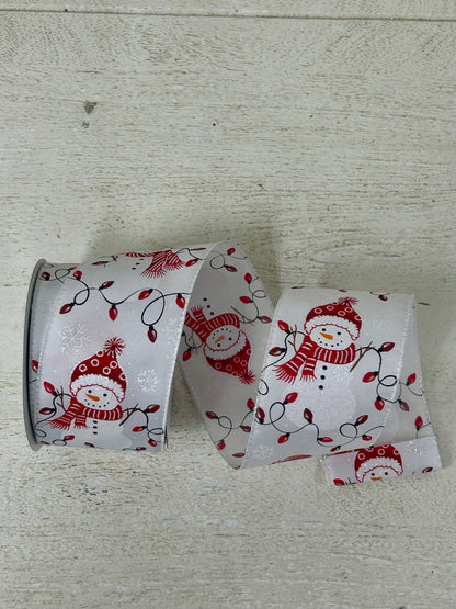 2.5 Inch By 10 Yard Red Snowman With Scarf And Christmas Lights