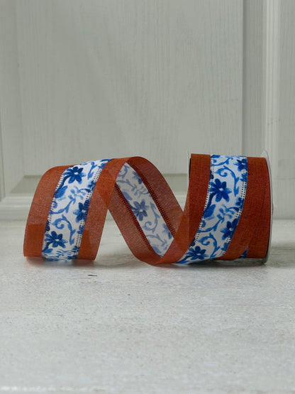 2.5 Inch By 10 Yard Rust Burlap Background With Blue Watercolor Flowers Middle Ribbon