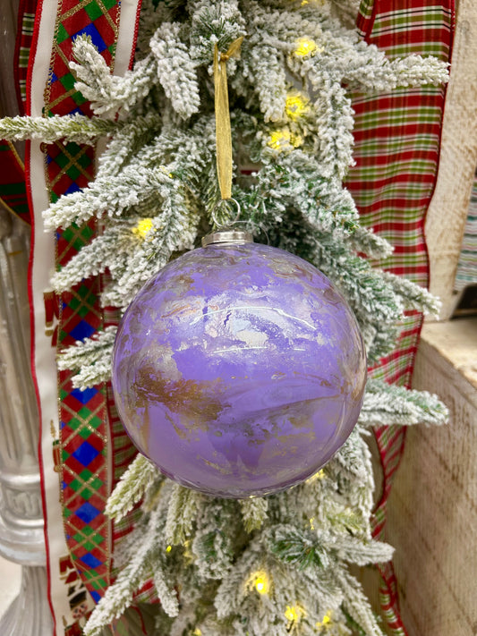 6 Inch Lavender Gold And White Marble Glass Ball Ornament