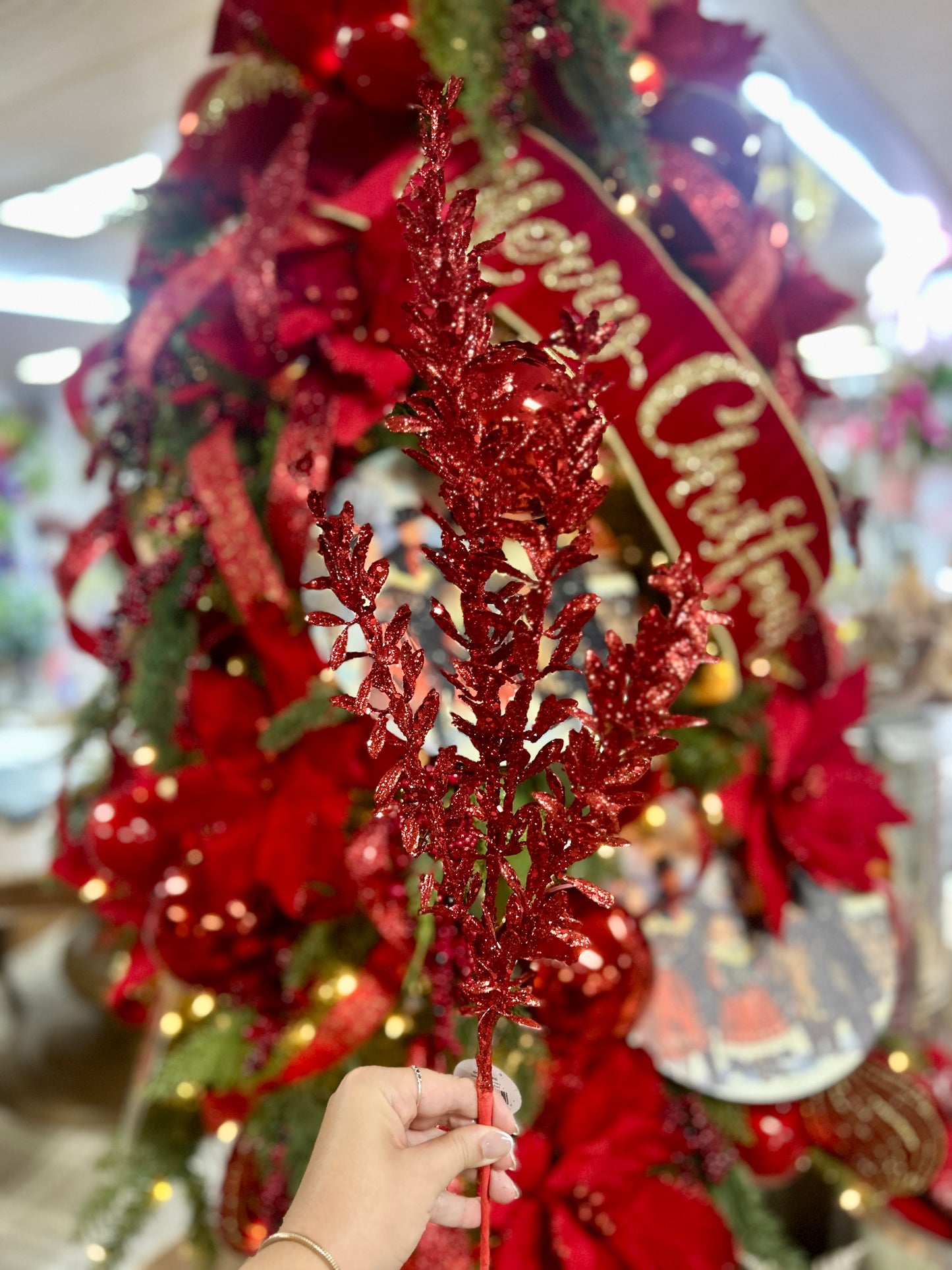 28.5 Inch Red Glittered Rosemary Spray