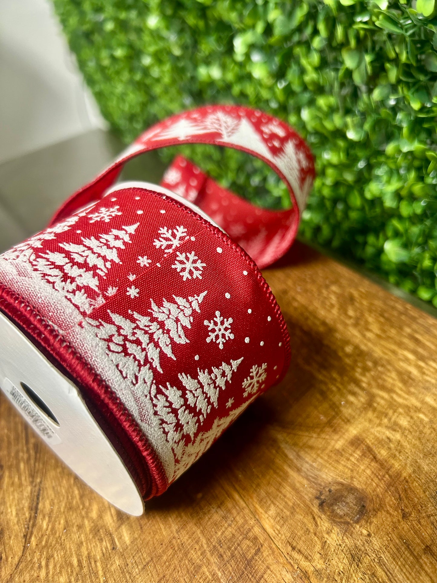 2.5 Inch By 10 Yard White Christmas Trees On Red Background Ribbon