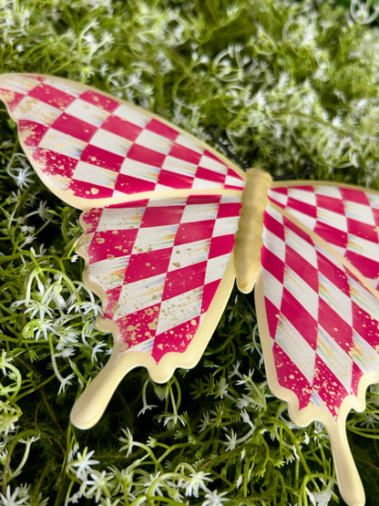9.75 Inch Hot Pink White And Gold Antique Check Butterfly Sign