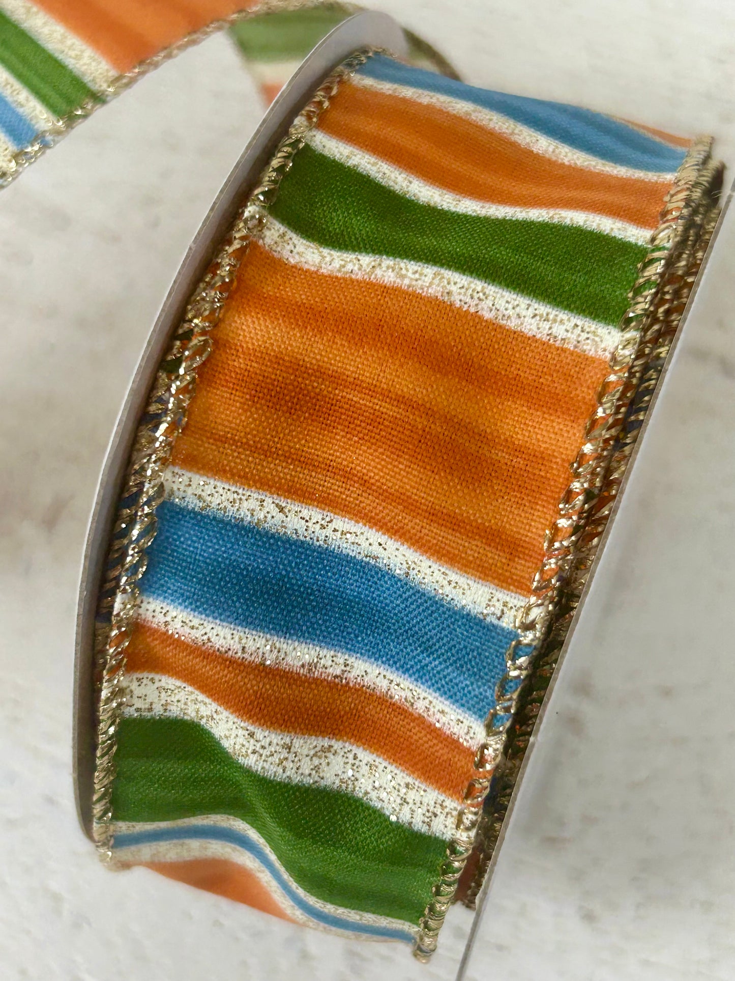 1.5 Inch By 10 Yard Rust Blue Moss And Gold Glitter Painted Stripes Ribbon