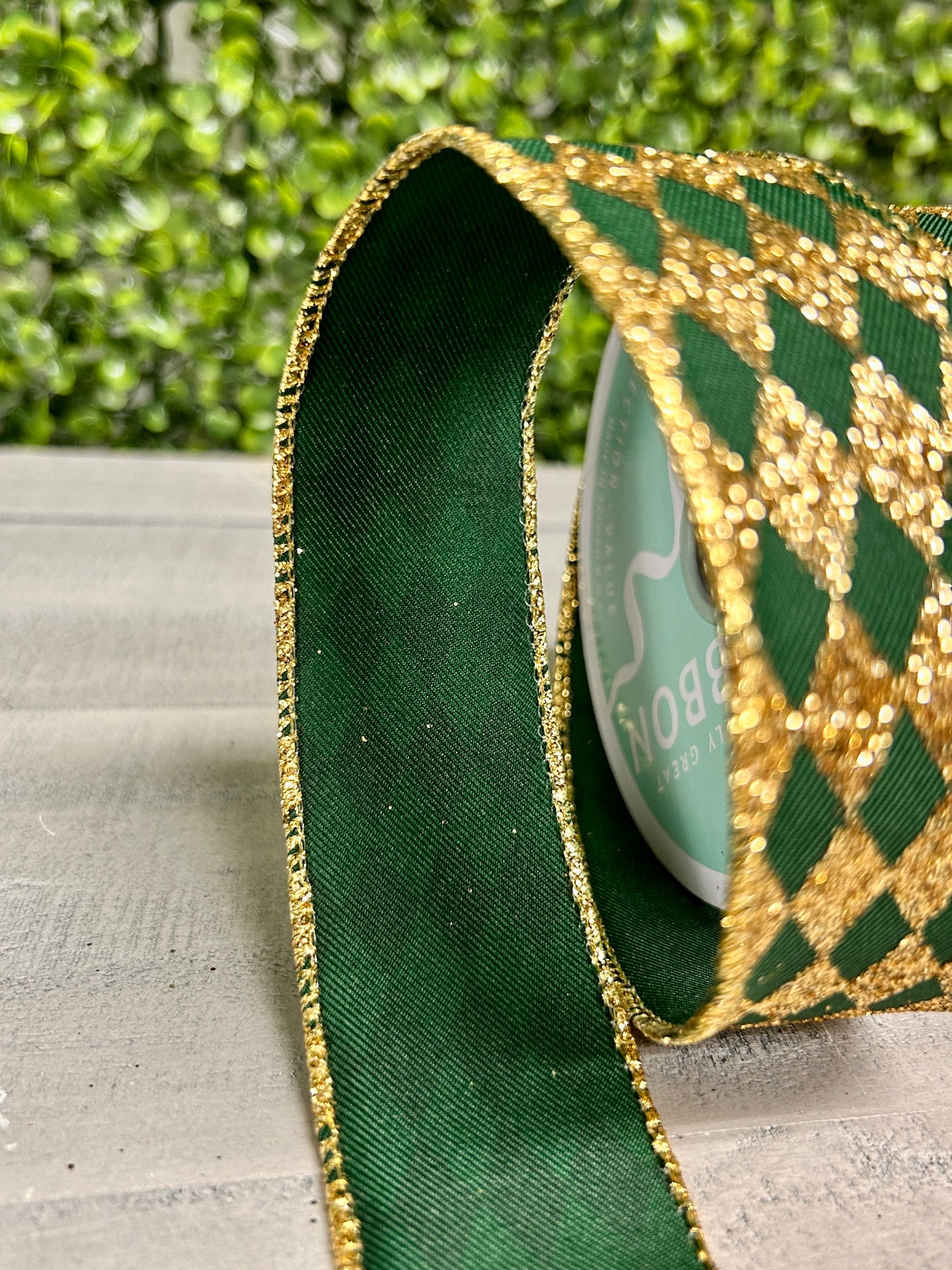 1.5 Inch By 10 Yard Hunter Green And Gold Glitter Harlequin Ribbon