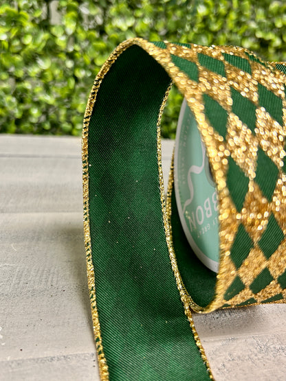 1.5 Inch By 10 Yard Hunter Green And Gold Glitter Harlequin Ribbon