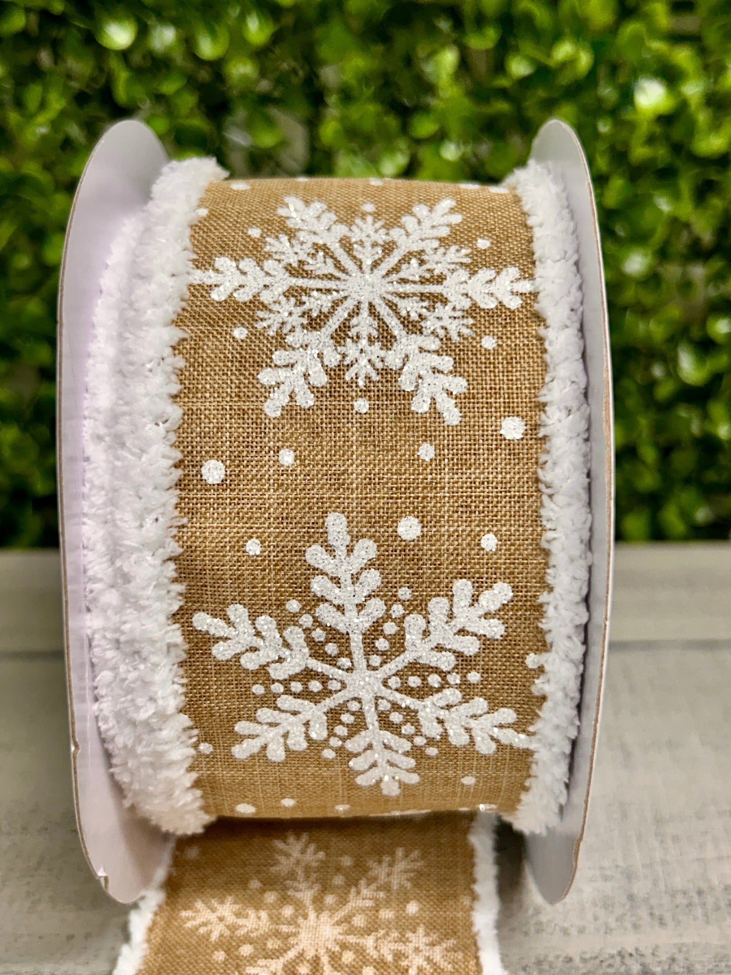 2.5 Inch By 10 Yard White Glittered Snowflakes On Light Beige Background With Snowdrift Edging Ribbon