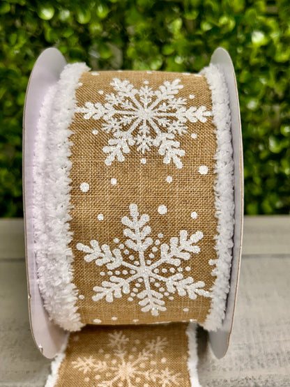 2.5 Inch By 10 Yard White Glittered Snowflakes On Light Beige Background With Snowdrift Edging Ribbon