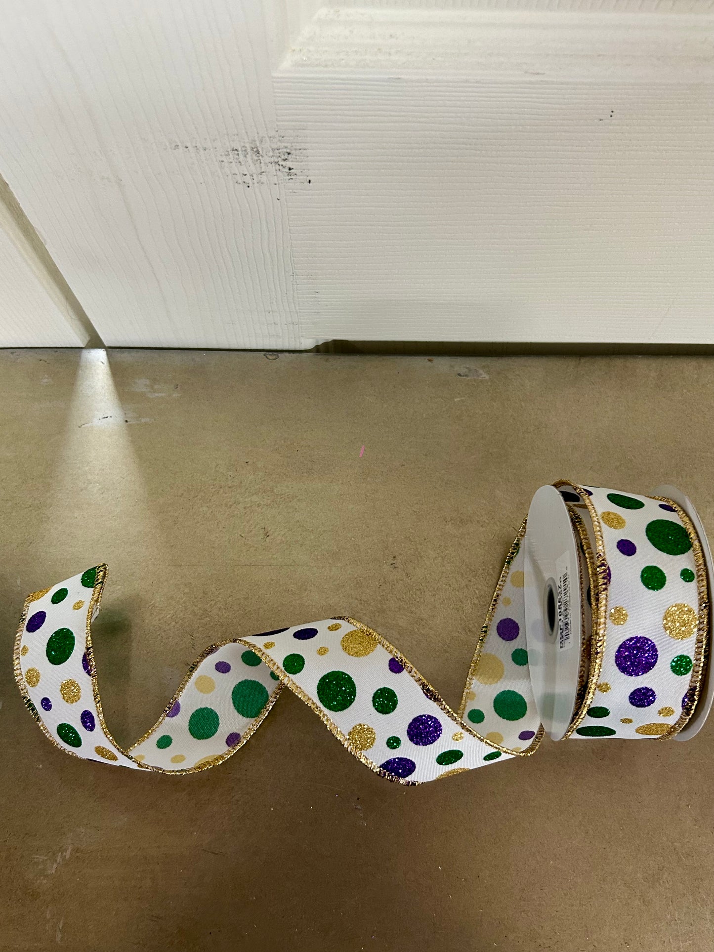 1.5 Inch By 10 Yard Purple Green And Gold Polka Dot Ribbon