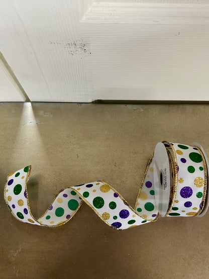 1.5 Inch By 10 Yard Purple Green And Gold Polka Dot Ribbon