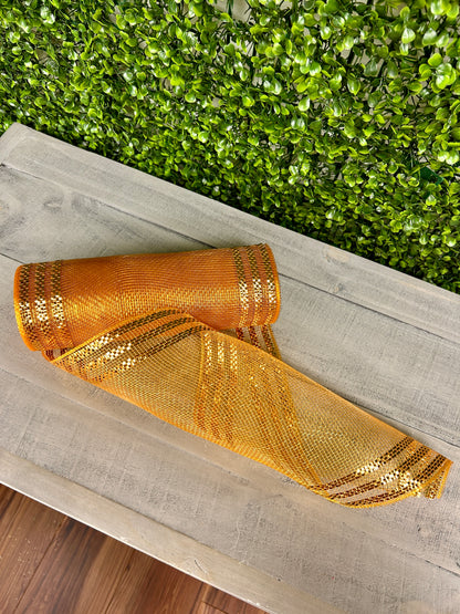 10 Inch By 10 Yard Brown And Gold Border Stripe Metallic Mesh