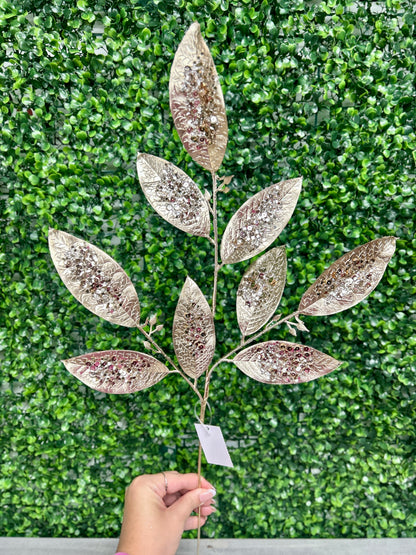 25.5 Inch Champagne Glitter Sequin Leaf Spray