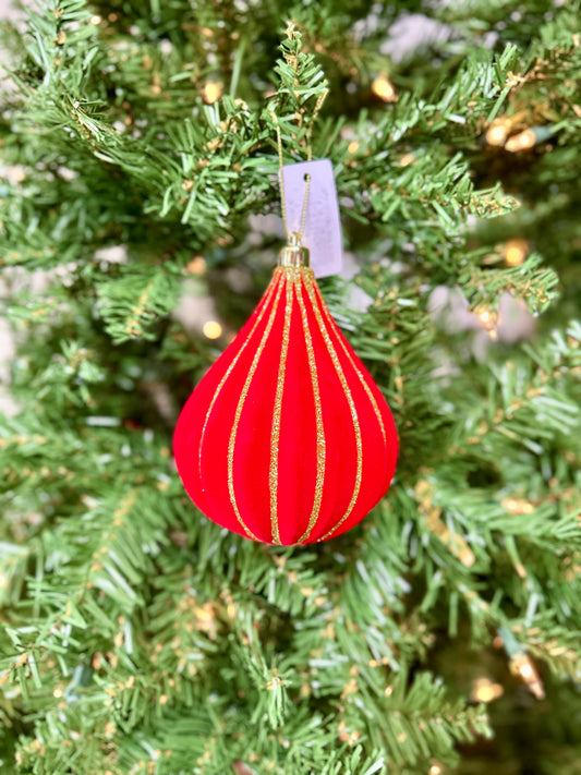 5 Inch Red And Gold Flocked Glitter Teardrop Ornament